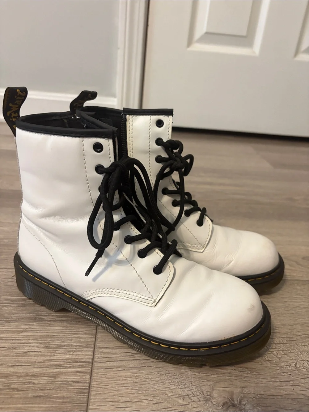 Dr. Martens White Leather Lace-Up Boots with Black Laces